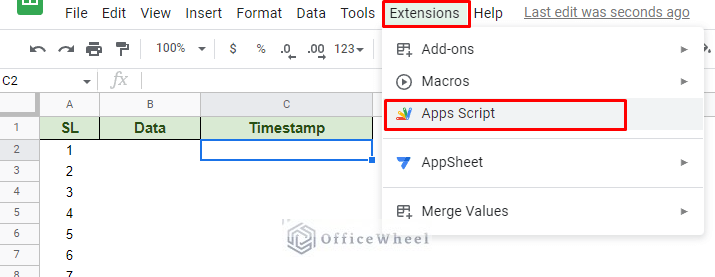 navigating to apps script from the extensions tab
